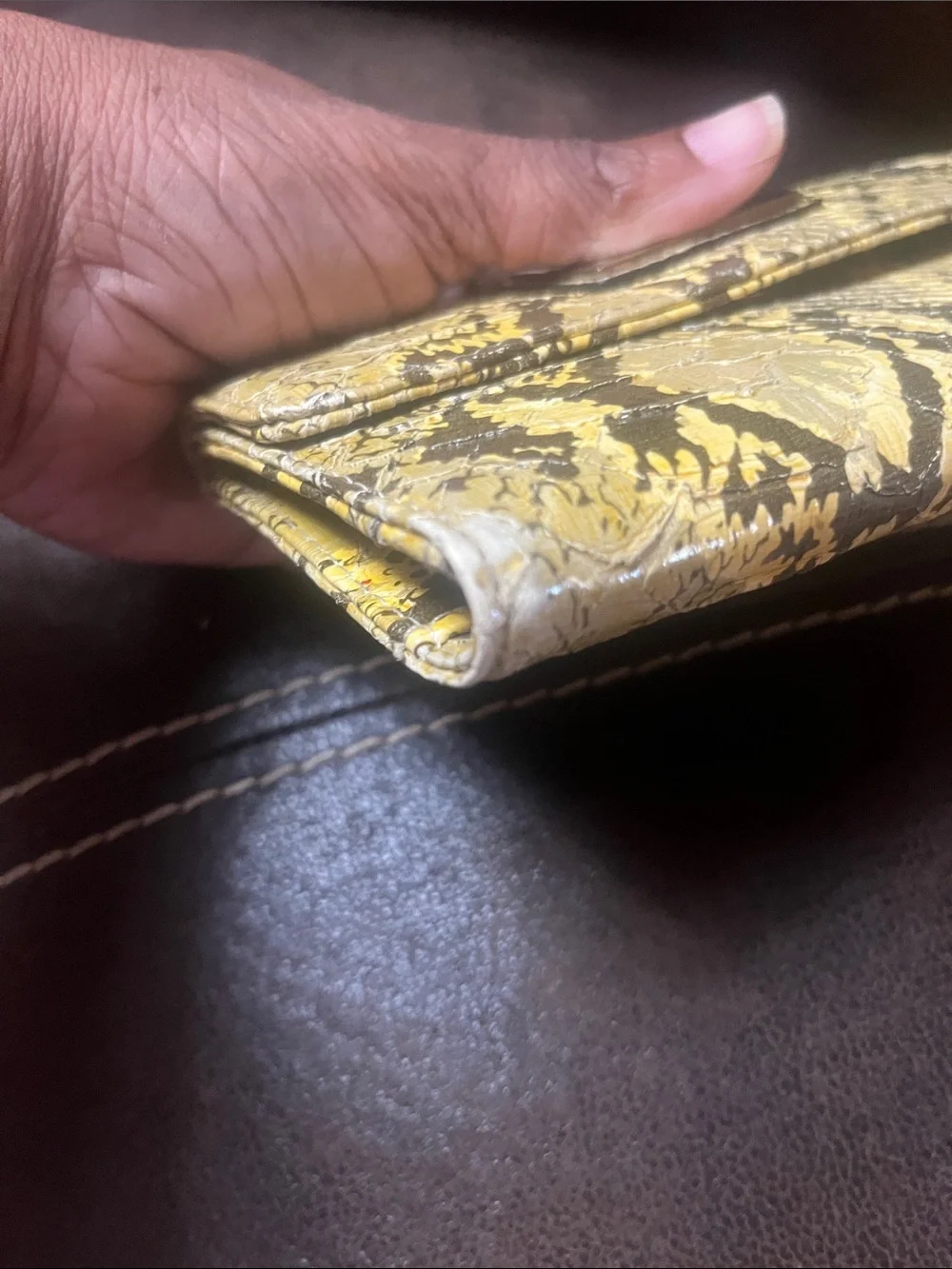 Guess Yellow Brown Faux Snake Print Wallet Clutch Animal Print Neutral Classic
